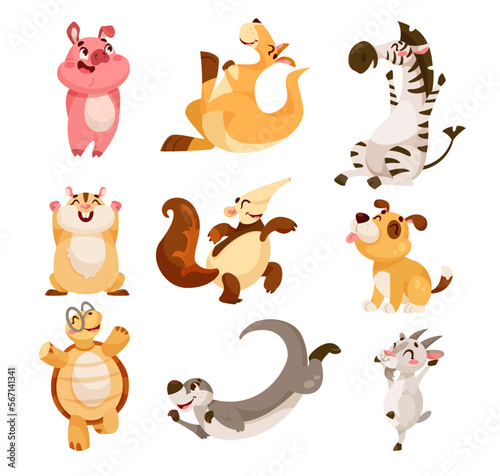 Funny Animals Enjoying and Cheering with Happy Smiling Snout Vector Set