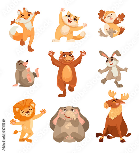 Funny Animals Enjoying and Cheering with Happy Smiling Snout Vector Set
