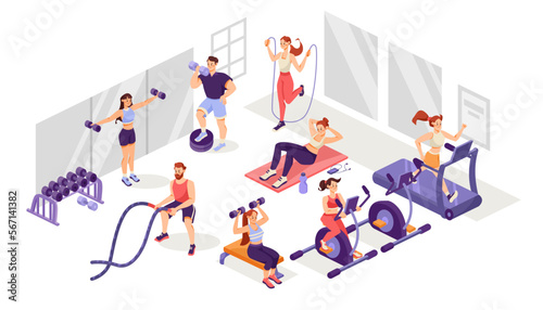 Man and Woman at Gym Doing Sport Training and Workout Vector Illustration