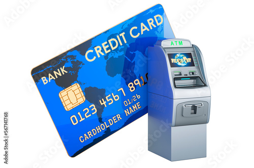 Credit card with ATM, automated teller machine, 3D rendering photo