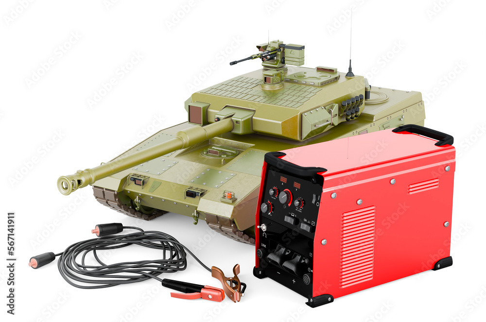 Multi-process welder machine with battle tank, repair concept. 3D rendering