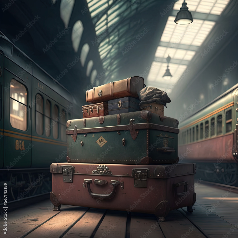 Vintage suitcases and luggage piled up on the platform of an old train
