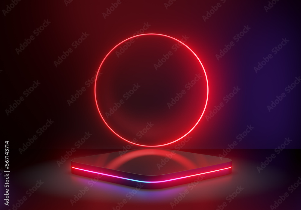 Spectrum futuristic pedestal with circle ring for display. Blank round square podium for product. 3d rendering illustration.