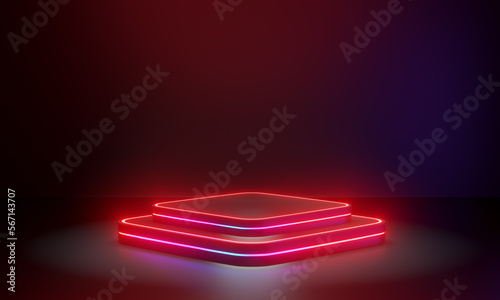 Two Step Spectrum futuristic pedestal for display. Blank round square podium for product. 3d rendering illustration.