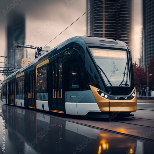 Modern tram in a modern city. Generative AI.	
