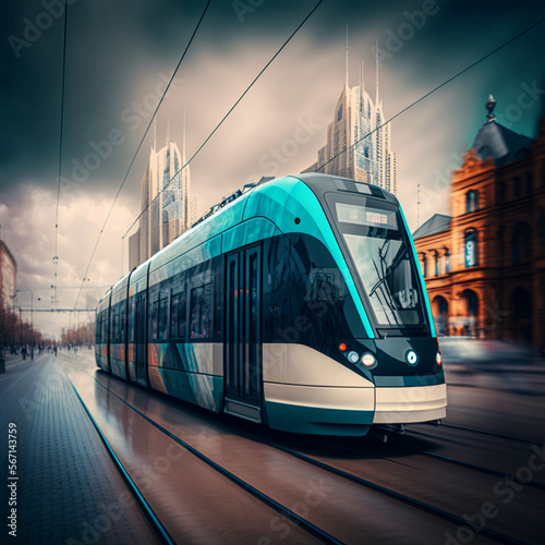 Modern tram in a modern city. Generative AI. 