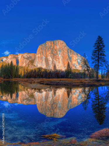 El Capitan Reflecting in Merced River, Yosemite National Park, California, USA.