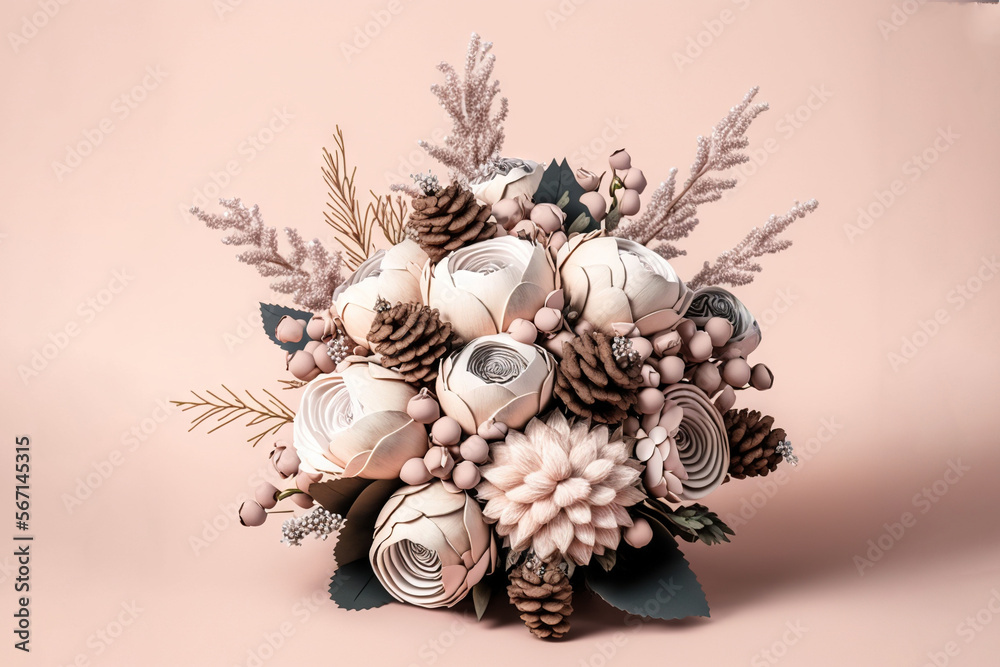 Obraz premium a bridal bouquet of flowers and pine cones on a pink background with a pink background and a light pink background with a light pink background. generative ai