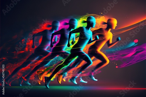  a group of people running in a line with neon colors on the background of the image and a black background with a red, yellow, blue, green, pink, and orange. generative ai
