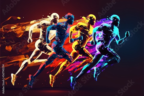  a group of people running on a race track in a line with the colors of the image on the side of the image and the image in the background. generative ai