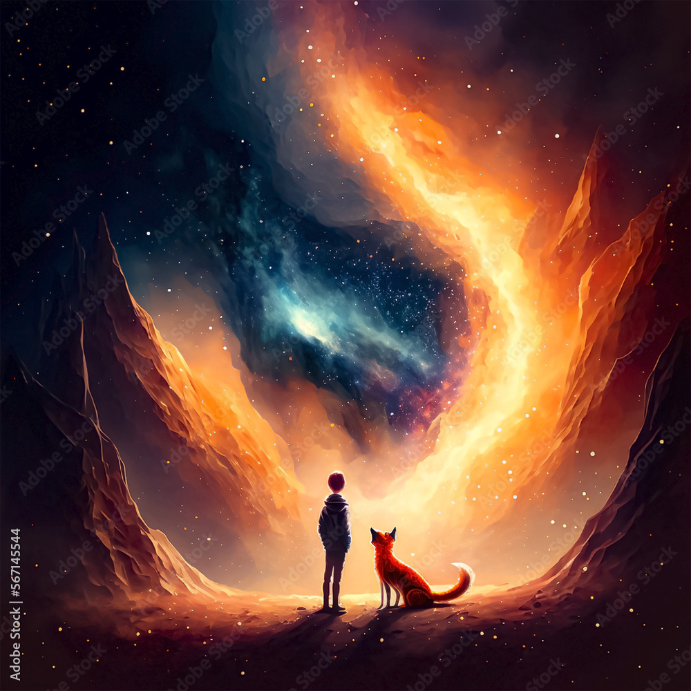 person in middle of a galaxy and universum with pet