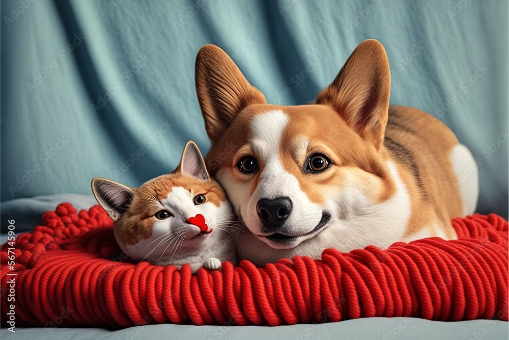 Fototapeta premium a dog and a cat are laying on a blanket with a red ball of yarn in front of them and the cat is looking at the camera. generative ai