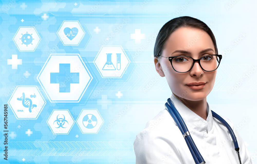 Woman doctor on blue and white futuristic background with medicine symbols Woman doctor on blue and white futuristic background with medicine symbols