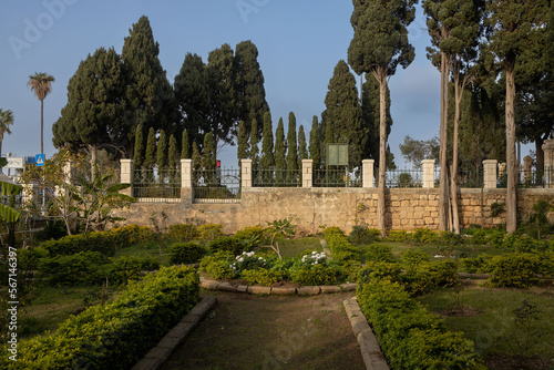 Haifa, Israel, January 10, 2023: The garden of the Stella Maris Monastery which is located on Mount Carmel in Haifa city in northern Israel