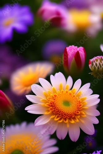 White and orange chrysanthemum close up flower blur background in the garden