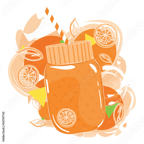 Retro orange smoothie on jar with orange fruit Vector illustration