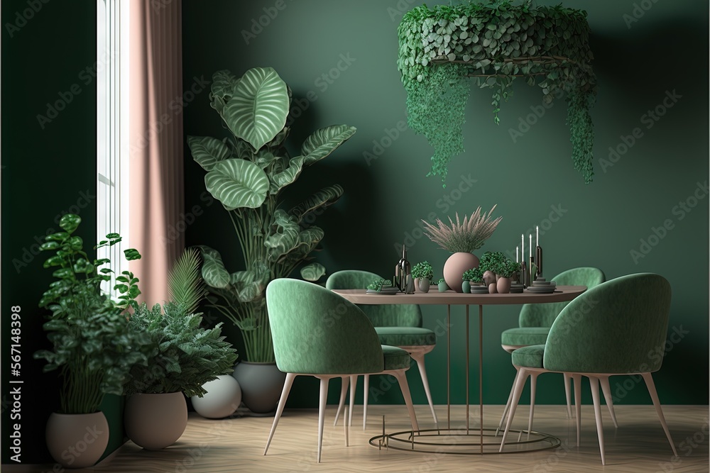 a dining room with a table and chairs and a potted plant on the side of ...
