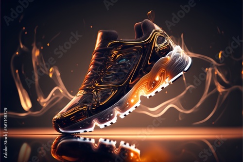  a pair of sneakers with a glowing design on them, on a reflective surface, with a black background and a yellow and orange design. generative ai