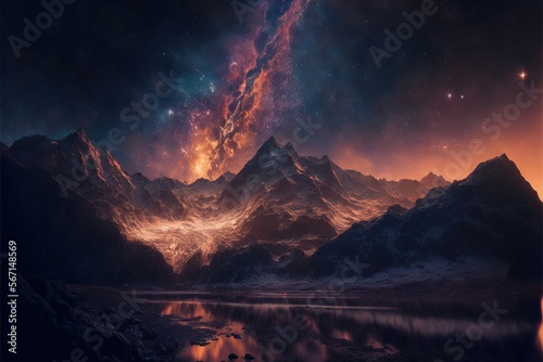  a painting of a mountain range with a lake in the foreground and a star filled sky in the background with stars in the sky. generative ai