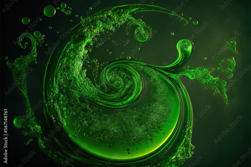a green liquid swirl with bubbles on a black background with a green ...