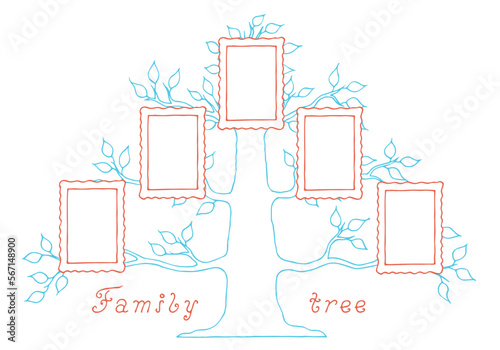 Family tree with photo frames. Freehand drawing. Doodle. Hand Drawn. Outline.	