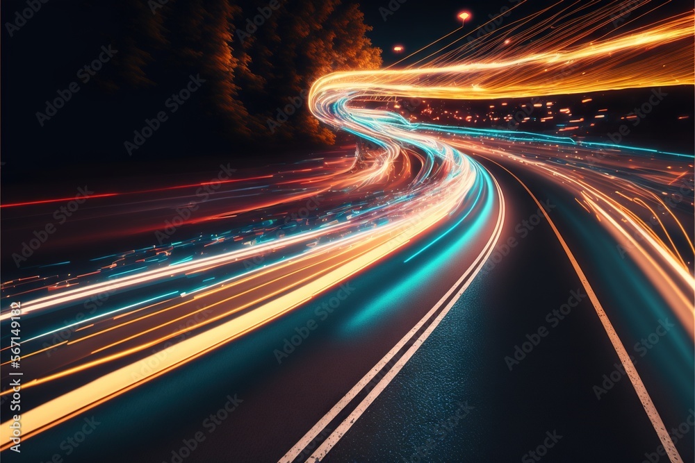  a blurry photo of a highway at night with a long exposure of the light from the cars on the road is very blurry.  generative ai