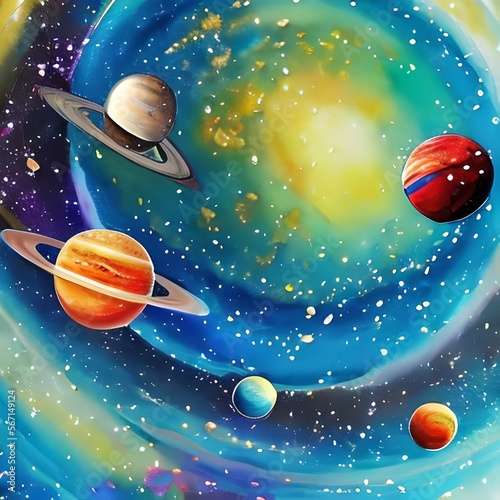 Digital watercolor painting: Planets floating in the universe.