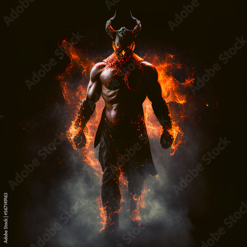 illustration of red satan on fire on fire background on dark background in hell, christian religion, generative AI