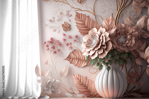 Fototapeta Naklejka Na Ścianę i Meble -  3D wallpaper for home interior classic decorations background Flowers Classic, illustration 3d