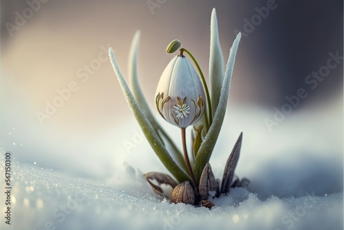  a flower that is sitting in the snow with snow flakes on it's petals and leaves on it's stems, with a tiny snowflaker.  generative ai photo