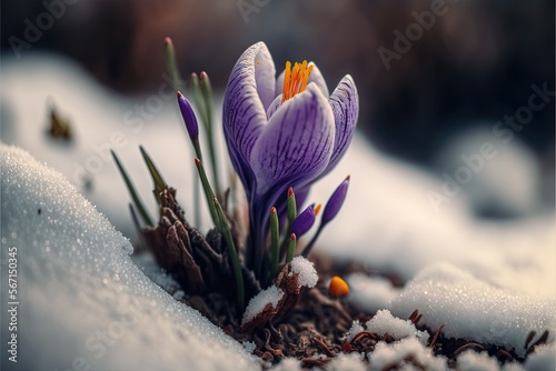  a purple flower is growing out of the snow on the ground in the snow covered ground, with snow on the ground, and snow on the ground, snow, , flowers, snow, snow, ground, ground,. generative ai