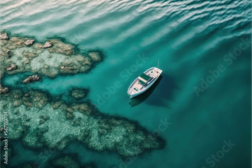  a small boat floating on top of a body of water next to a rocky shore covered in corals and algae covered rocks and water.  generative ai © Shanti