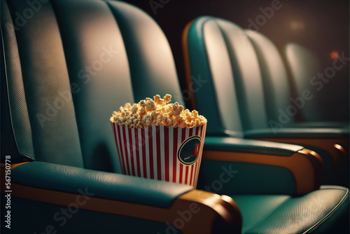  a close up of a bucket of popcorn on a seat in a movie theater with seats in the background and one in the foreground.  generative ai