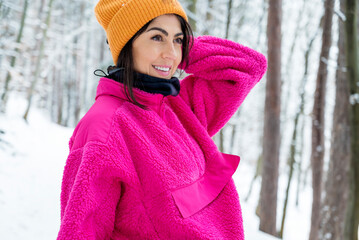 Leinwandbilder Rosa Young Woman on a Walk in Snowy Winter Forest  .Vitosha Mountain ,Bulgaria   © boryanam