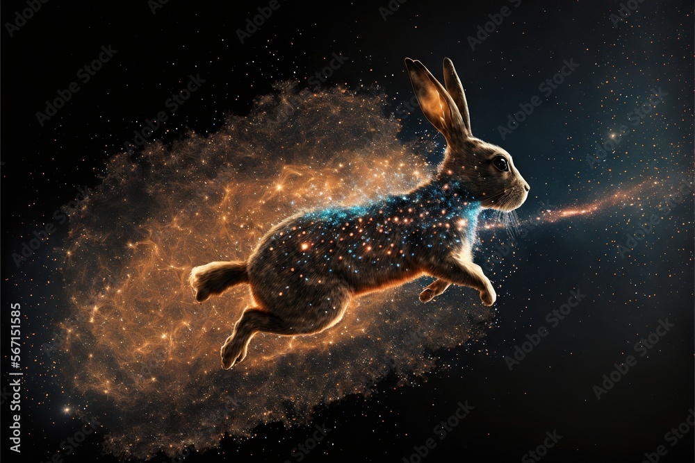 a rabbit flying through the air with a star in the backgrund of it's ...