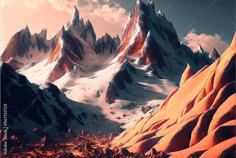  a painting of a mountain range with rocks and snow in the foreground and a sky with clouds in the background, with a red and orange hue in the foreground.  generative ai