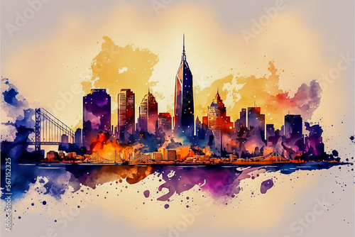 Watercolor Painting of San Francisco California Wall Art Wallpaper of City Skyline 