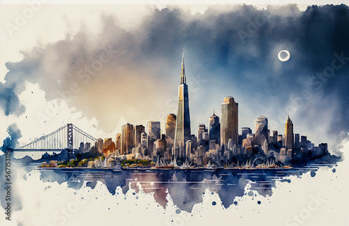 Watercolor Painting of San Francisco California Wall Art Wallpaper of City Skyline 