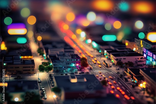  a blurry photo of a city street at night with traffic lights on the street and buildings in the background and a blurry image of the city. generative ai