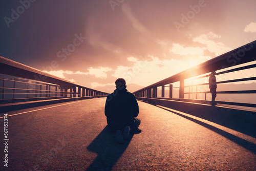 Foto man praying on knees or sitting on a bridge floor and looking at the sun setting