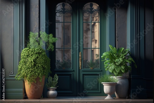 a couple of potted plants sitting next to each other on a wooden floor next to a green door and a green door with glass. generative ai