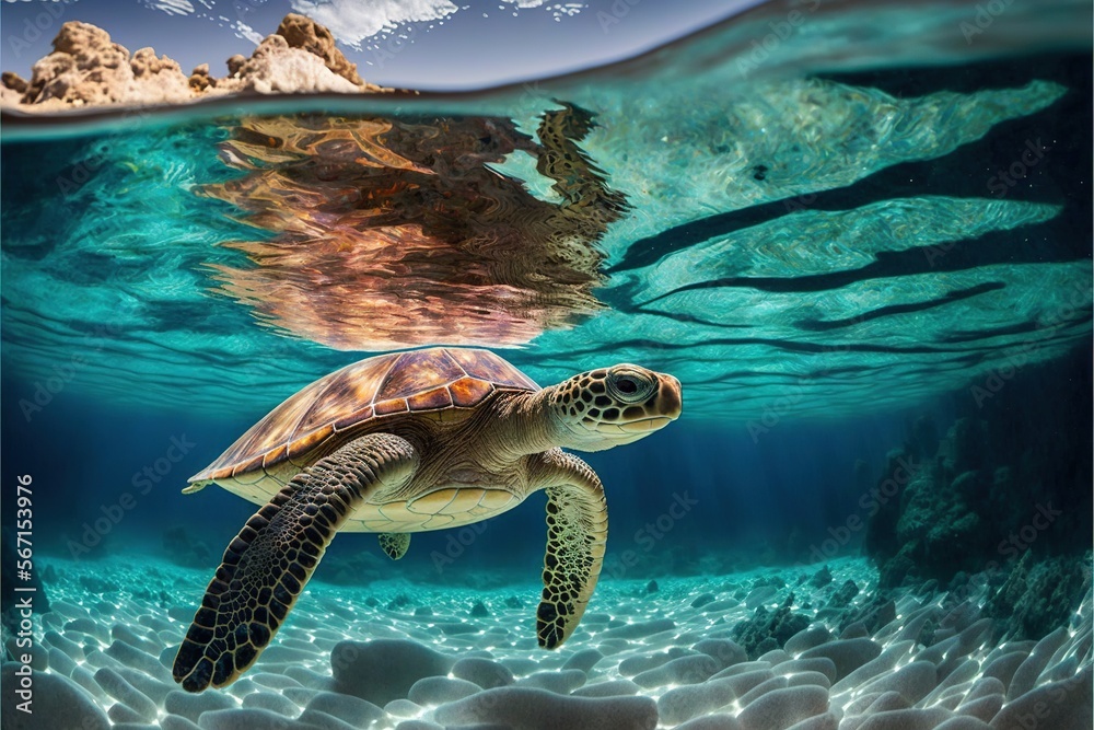Obraz premium a turtle swimming in the ocean with rocks and sand in the background and a mountain in the distance with a blue sky and clouds above. generative ai