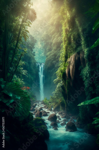 Beautiful waterfall in tropical rainforest generative AI