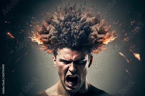 Head explosion. Headache, aggression, negative emotions concept. Losing control. Problems with mental health. Anger. Generative AI.