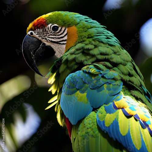 Focused shot of a beauftiful Green Macaws generated by A.I. photo