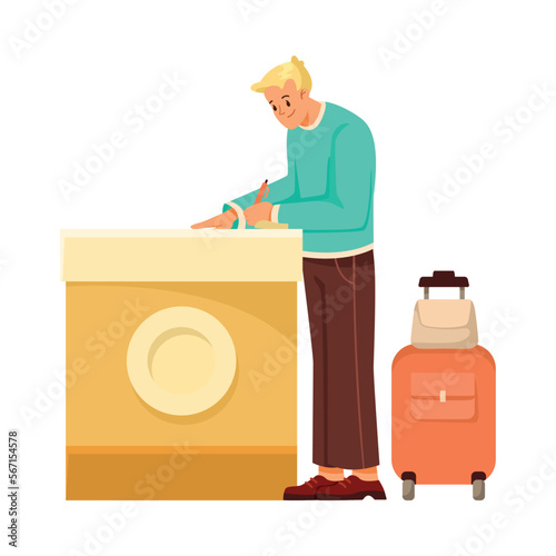 Hotel Arriving with Man at Reception Desk Check in Vector Illustration