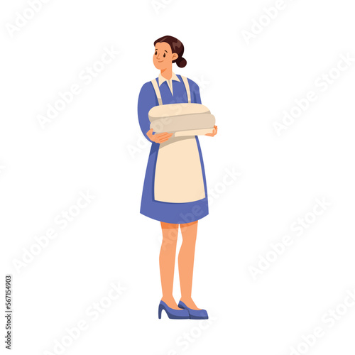 Woman Hotel Maid Standing with Clean Folded Bedsheet Vector Illustration