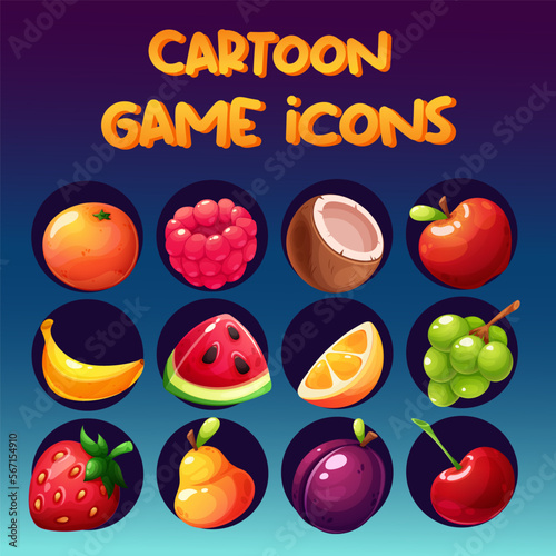 Cartoon game icons with fruit. Icons for slots, casinos, slot machines. Juicy fruits for games
