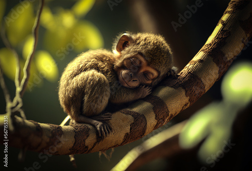 Baby monkey.Baby monkey sleeping on tree branch.Close up.Created with generative ai