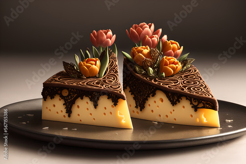 Stylish cheese presentation on mini plate, decorated with tulips and ornament. AI generated photo